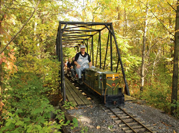 Mini-train avec conducteur et enfants à bord.