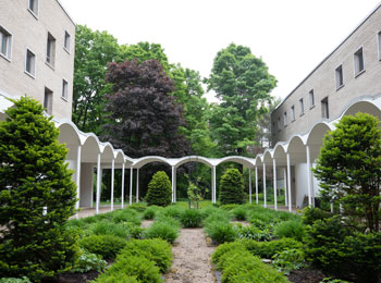 Cours extérieure remplie de verdure au coeur d'un bâtiment.