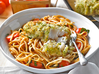 Plat de spaghetti et poisson blanc.