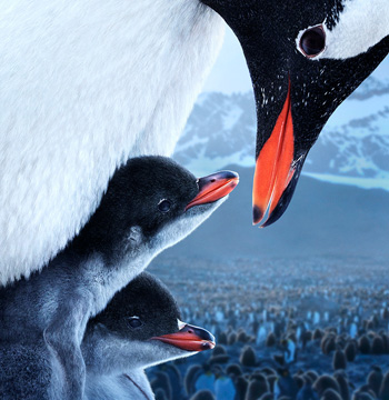 Affiche du film L'Antarctique avec un pingouin adulte et deux pingouins bébés.