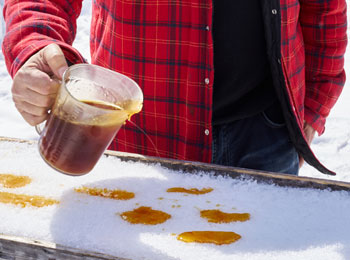 Plan rapproché d'un homme versant du sirop d'érable sur la neige.