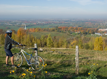 Homme avec une bicyclette qui admire la vue de Arthabaska l'automne.