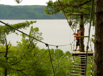 Femme sur une structure d'hébertisme aérien dans les arbres qui admire la vue.
